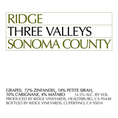 Ridge Sonoma County Three Valleys 2020 (12x75cl)