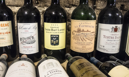 Red wine bottles from Bordeaux